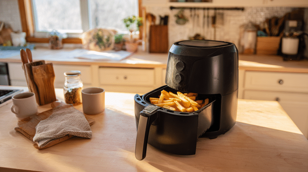 About 5 Air fryer on a kitchen countertop with crispy food inside and everyday cooking items nearby
