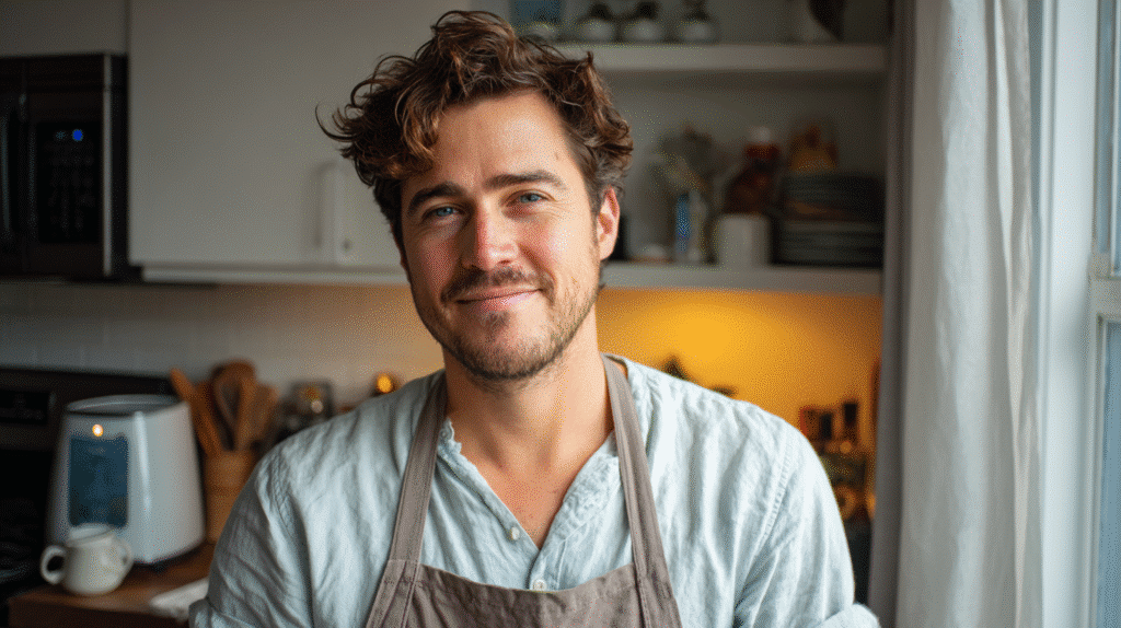 About 4 Max smiling casually in a cozy kitchen with an air fryer on the counter